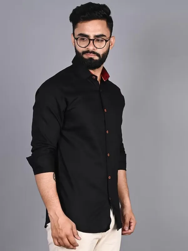 Black_Cotton_Blend_Solid_Full_Sleeve_Shirt_For_Men