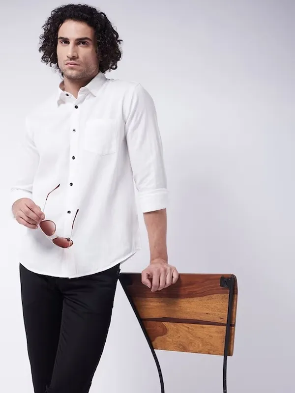 White_Cotton_Blend_Solid_Full_Sleeve_Shirt_For_Men