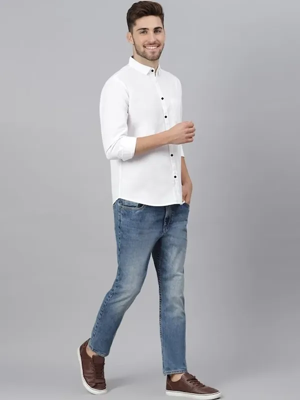 White_Cotton_Blend_Solid_Full_Sleeve_Shirt_For_Men