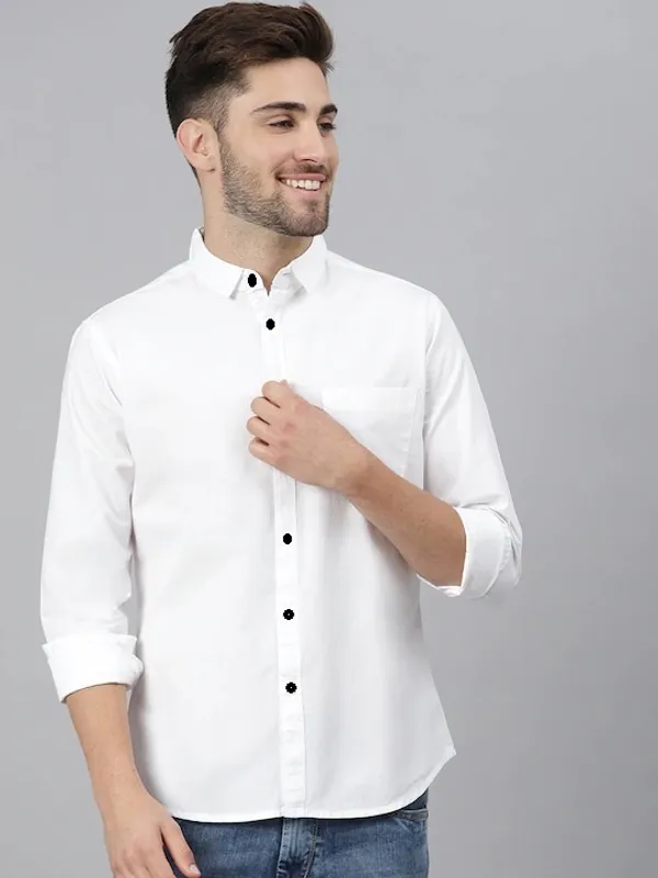 White_Cotton_Blend_Solid_Full_Sleeve_Shirt_For_Men