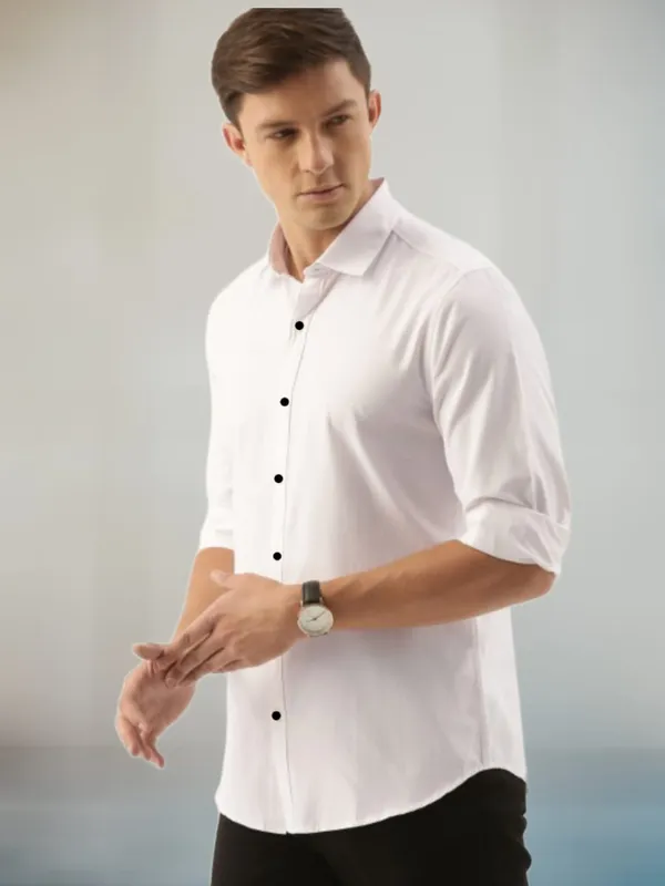 White_Cotton_Blend_Solid_Full_Sleeve_Shirt_For_Men