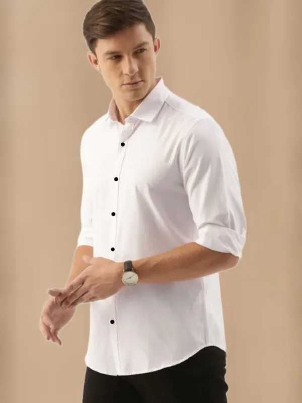 White_Cotton_Blend_Solid_Full_Sleeve_Shirt_For_Men