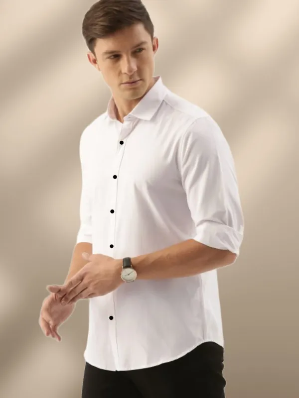 White_Cotton_Blend_Solid_Full_Sleeve_Shirt_For_Men