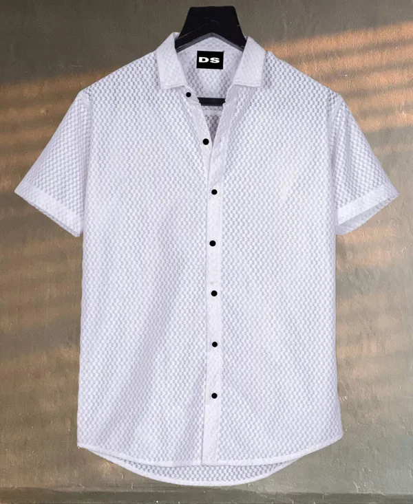 White_Polycotton_Self_Design_Half_Sleeve_Shirt_For_Men