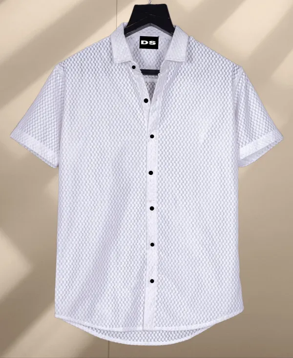 White_Polycotton_Self_Design_Half_Sleeve_Shirt_For_Men
