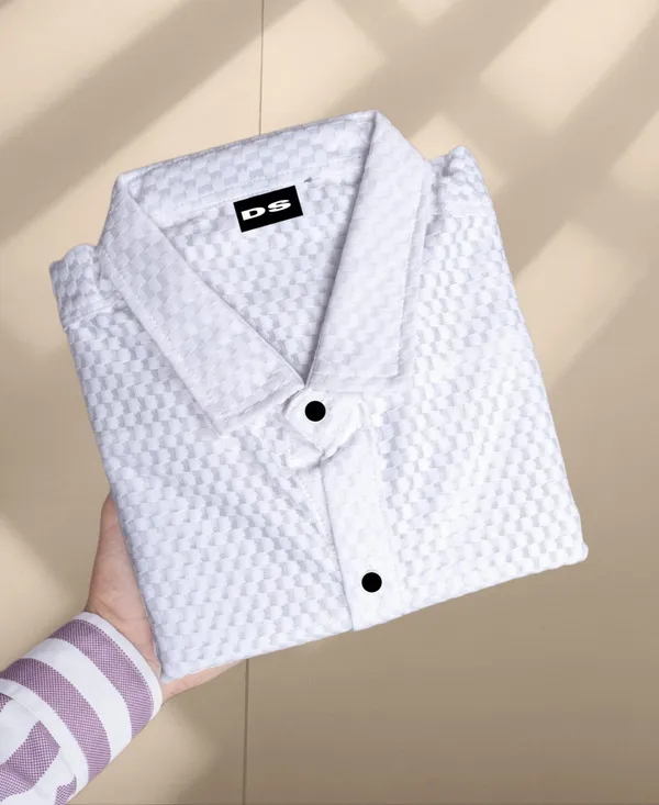 White_Polycotton_Self_Design_Half_Sleeve_Shirt_For_Men