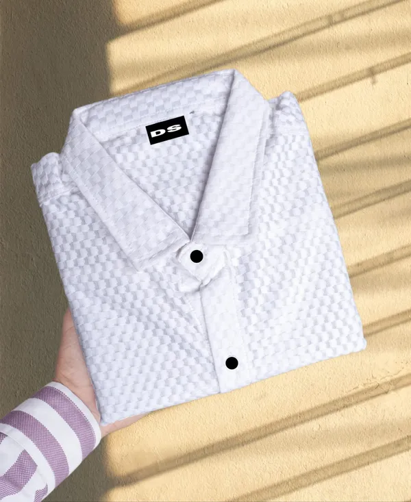 White_Polycotton_Self_Design_Half_Sleeve_Shirt_For_Men