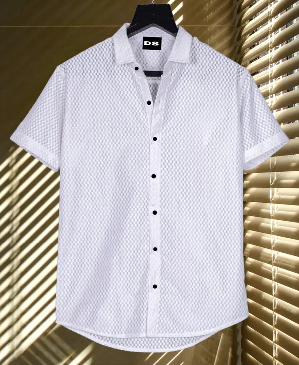 White_Polycotton_Self_Design_Half_Sleeve_Shirt_For_Men