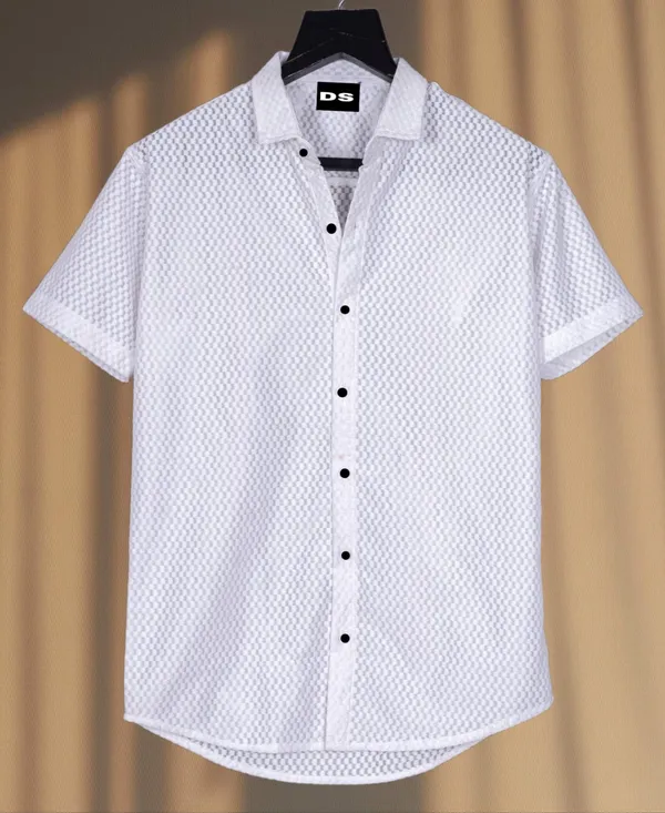 White_Polycotton_Self_Design_Half_Sleeve_Shirt_For_Men