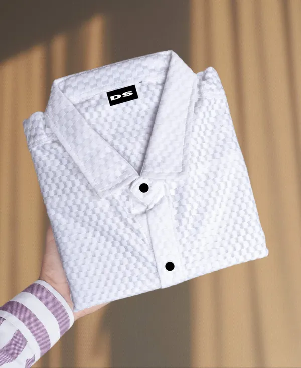 White_Polycotton_Self_Design_Half_Sleeve_Shirt_For_Men