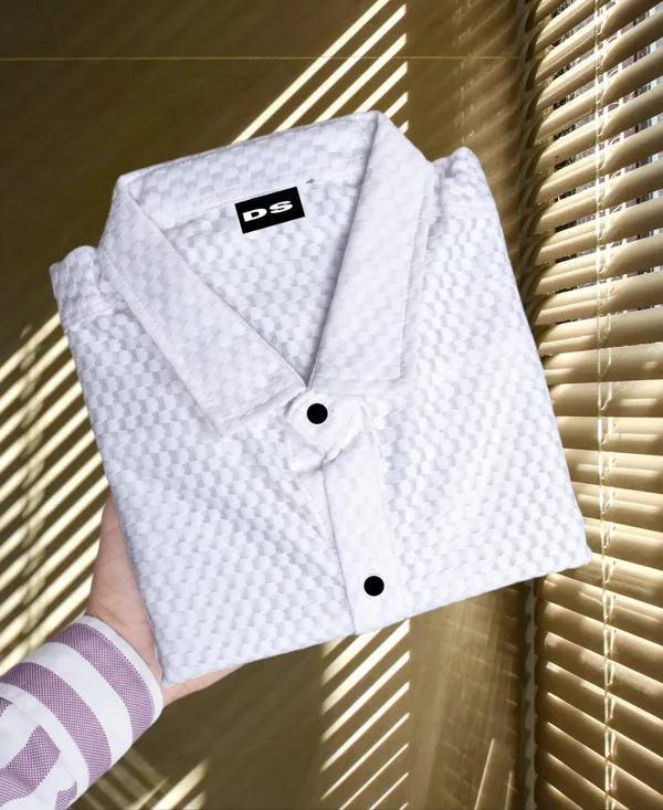 White_Polycotton_Self_Design_Half_Sleeve_Shirt_For_Men