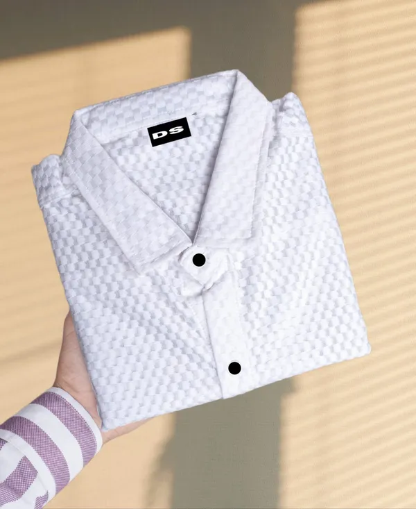 White_Polycotton_Self_Design_Half_Sleeve_Shirt_For_Men