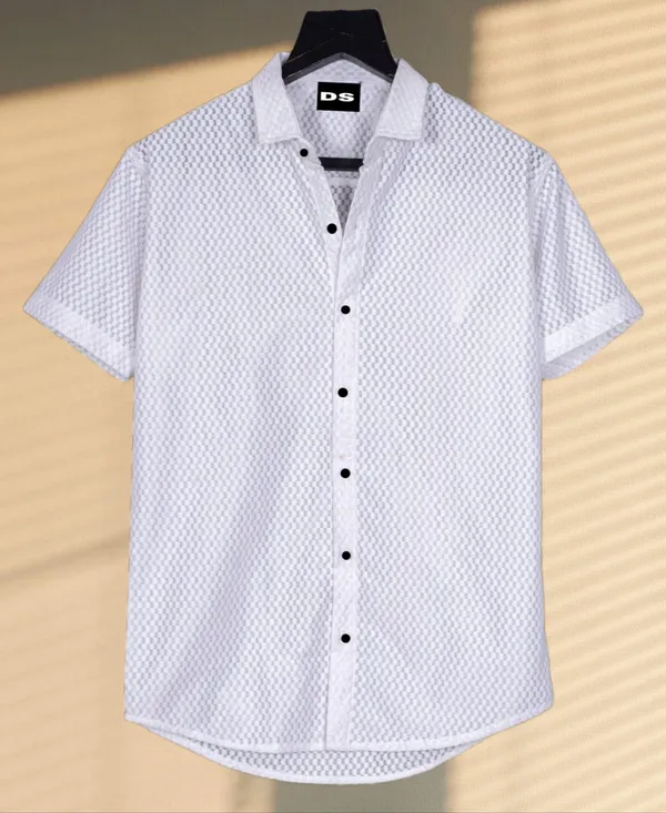 White_Polycotton_Self_Design_Half_Sleeve_Shirt_For_Men