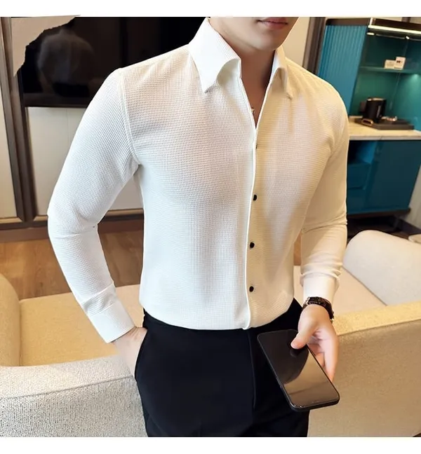 White_Cotton_Blend_Solid_Full_Sleeve_Shirt_For_Men