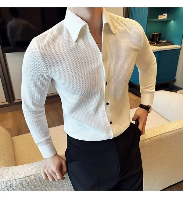 White_Cotton_Blend_Solid_Full_Sleeve_Shirt_For_Men