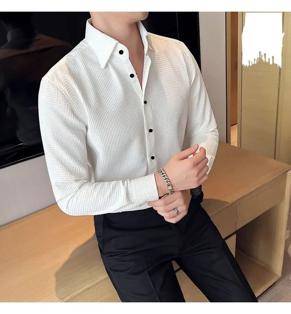 White_Cotton_Blend_Solid_Full_Sleeve_Shirt_For_Men