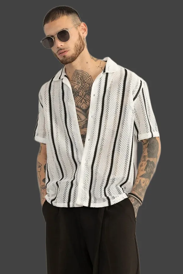 White_Polycotton_Self_Design_Half_Sleeve_Shirt_For_Men
