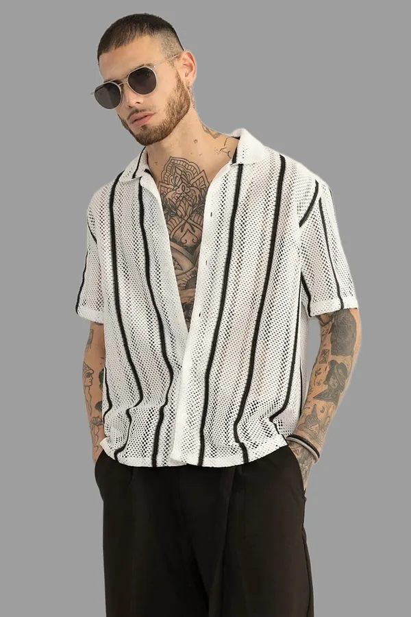 White_Polycotton_Self_Design_Half_Sleeve_Shirt_For_Men