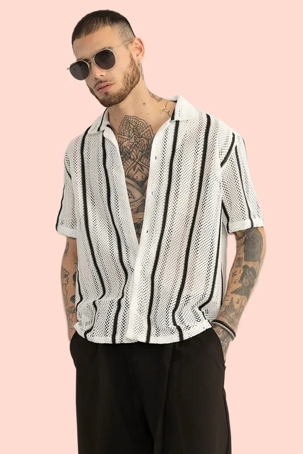 White_Polycotton_Self_Design_Half_Sleeve_Shirt_For_Men