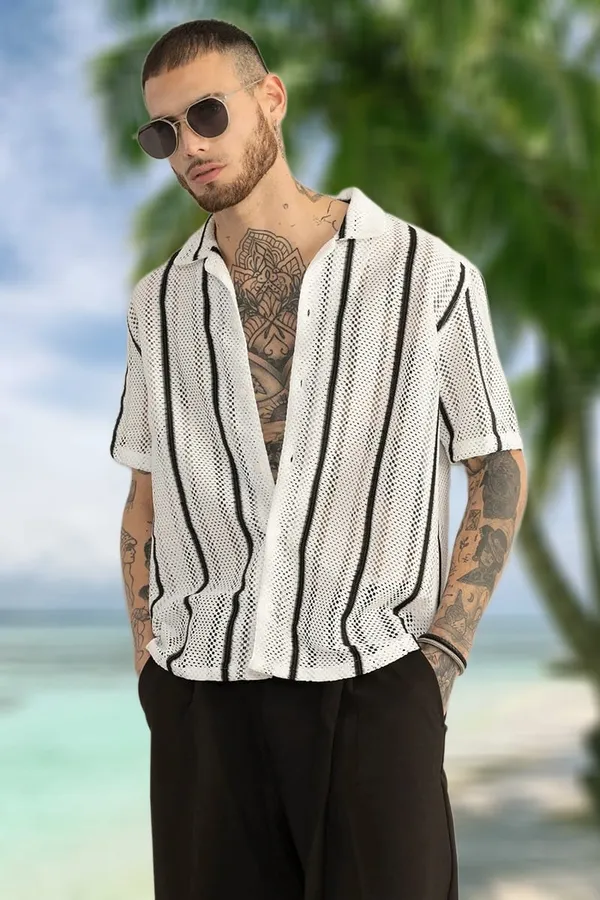 White_Polycotton_Self_Design_Half_Sleeve_Shirt_For_Men