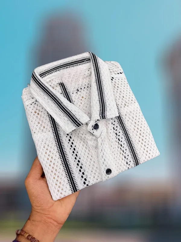 White_Polycotton_Striped_Half_Sleeve_Shirt_For_Men