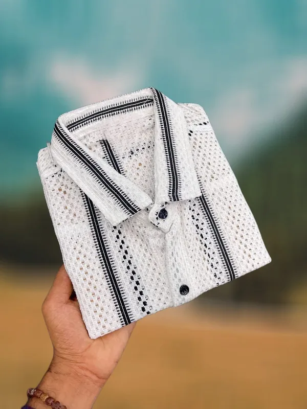 White_Polycotton_Striped_Half_Sleeve_Shirt_For_Men