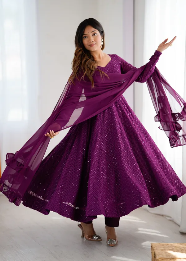 WINE_Heavy_Pure_Soft_Fox_Georgette_Lukhnowi_Sequence_Work_Gown_For_Women