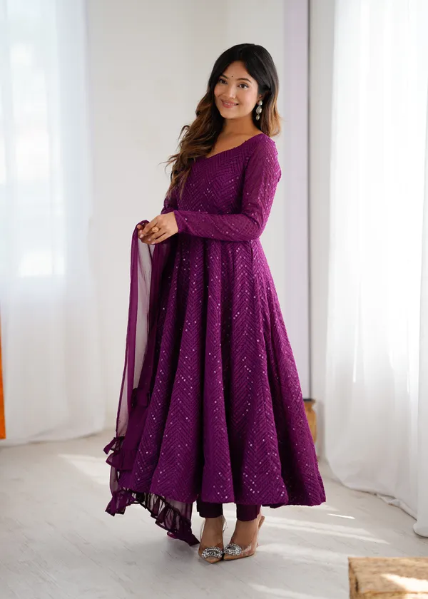 WINE_Heavy_Pure_Soft_Fox_Georgette_Lukhnowi_Sequence_Work_Gown_For_Women