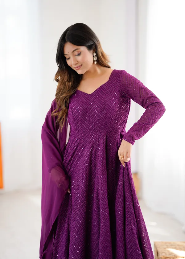 WINE_Heavy_Pure_Soft_Fox_Georgette_Lukhnowi_Sequence_Work_Gown_For_Women