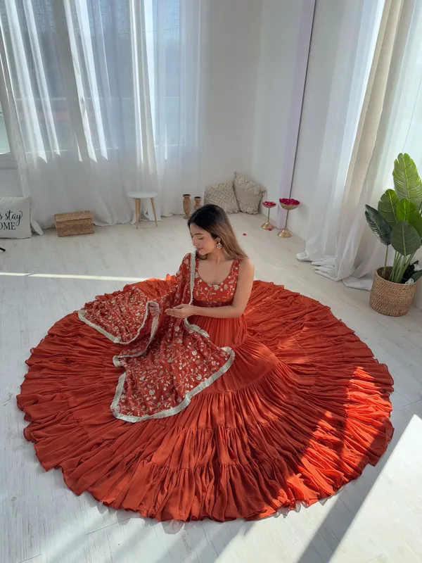 Rust_Designer_Pure_Soft_Lightweight_Chiffon_Bandhej_Fully_Flair_Gown_With_Dupatta_&_Pent