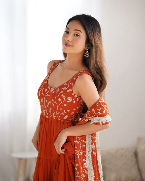Rust_Designer_Pure_Soft_Lightweight_Chiffon_Bandhej_Fully_Flair_Gown_With_Dupatta_&_Pent