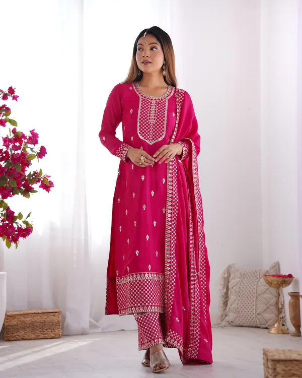 Pink_Pure_Chinon_Silk_Straight_Fit_Kurta_With_Dupatta_Set_&_Trousers