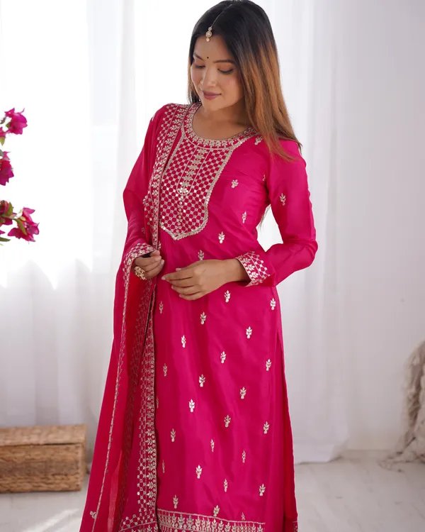 Pink_Pure_Chinon_Silk_Straight_Fit_Kurta_With_Dupatta_Set_&_Trousers