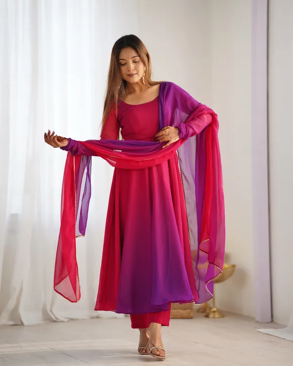 Dark_Pink__Pure_Soft_Fox_Georgette_Fully_Flair_Anarkali_With_Dupatta_Set_&_Pent