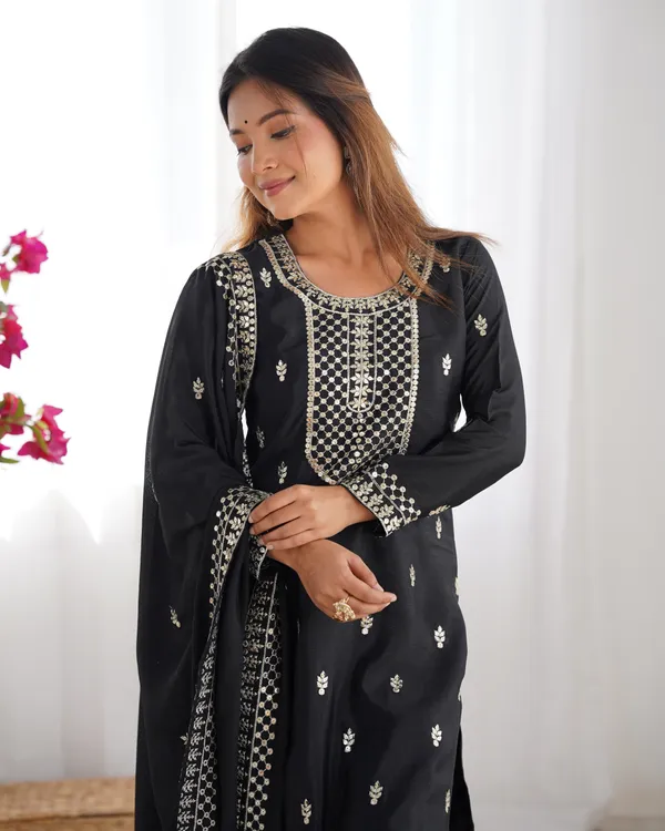 Black_Pure_Chinon_Silk_Straight_Fit_Kurta_With_Dupatta_Set_&_Trousers