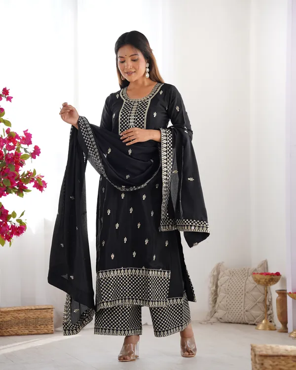 Black_Pure_Chinon_Silk_Straight_Fit_Kurta_With_Dupatta_Set_&_Trousers
