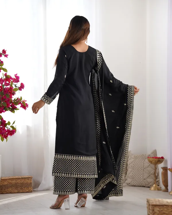Black_Pure_Chinon_Silk_Straight_Fit_Kurta_With_Dupatta_Set_&_Trousers