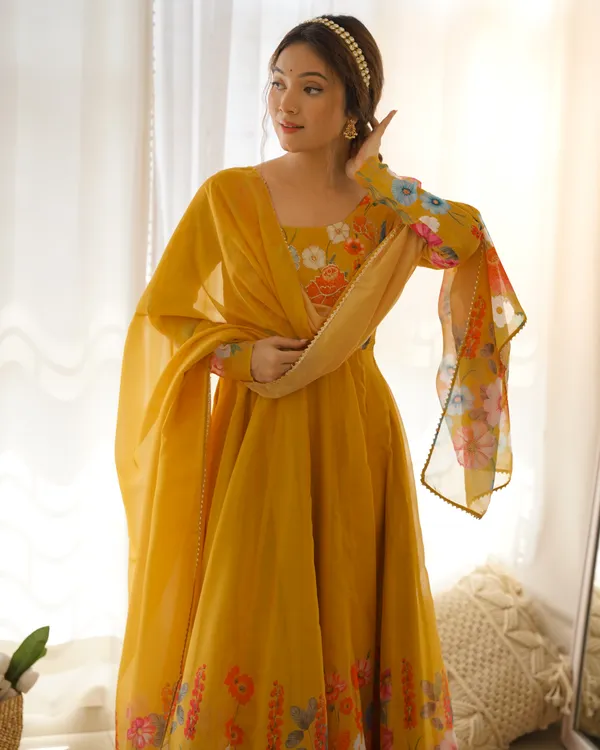 Yellow_Pure_Romansilk_Chanderi_Fully_Flair_Anarkali_With_Dupatta_Set_&_Pent