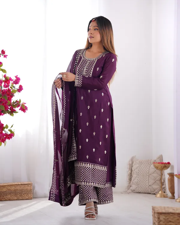 Wine_Pure_Chinon_Silk_Straight_Fit_Kurta_With_Dupatta_Set_&_Trousers
