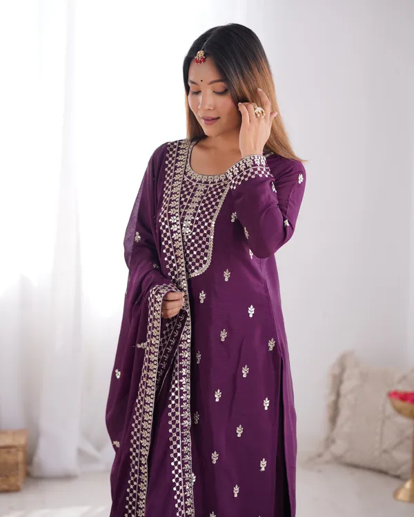 Wine_Pure_Chinon_Silk_Straight_Fit_Kurta_With_Dupatta_Set_&_Trousers