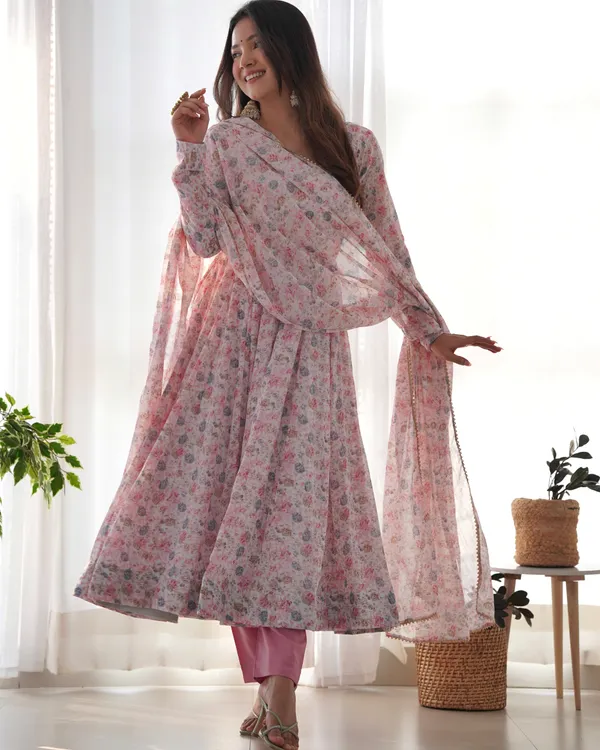 Pink_Pure_Orange_Chiffon_Floral_Print_Fully_Flair_Anarkali_With_Dupatta_Set_&_Pent