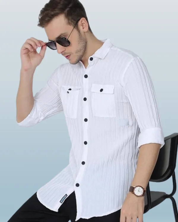 White_Cotton_Blend_Solid_Full_Sleeve_Shirt_For_Men