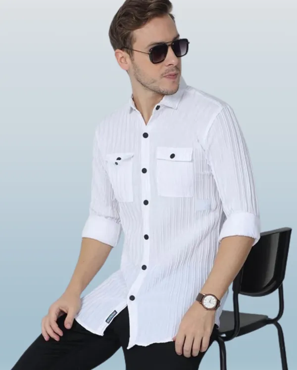 White_Cotton_Blend_Solid_Full_Sleeve_Shirt_For_Men