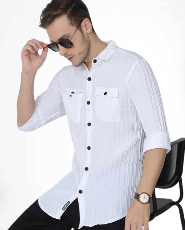 White_Cotton_Blend_Solid_Full_Sleeve_Shirt_For_Men