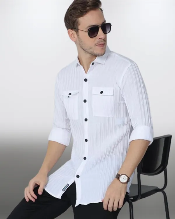 White_Cotton_Blend_Solid_Full_Sleeve_Shirt_For_Men