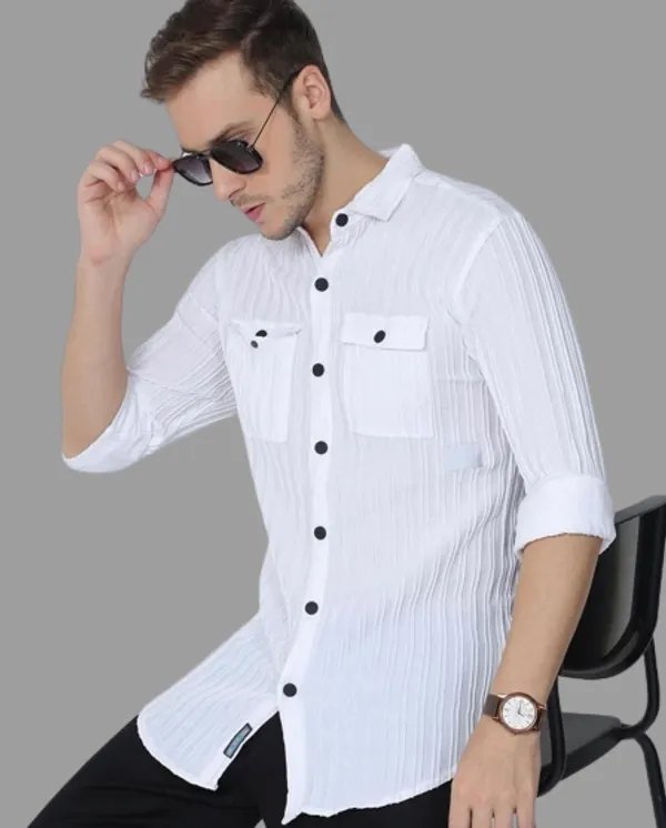 White_Cotton_Blend_Solid_Full_Sleeve_Shirt_For_Men