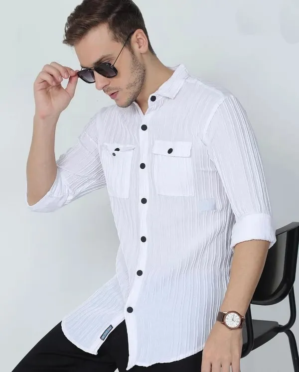 White_Cotton_Blend_Solid_Full_Sleeve_Shirt_For_Men