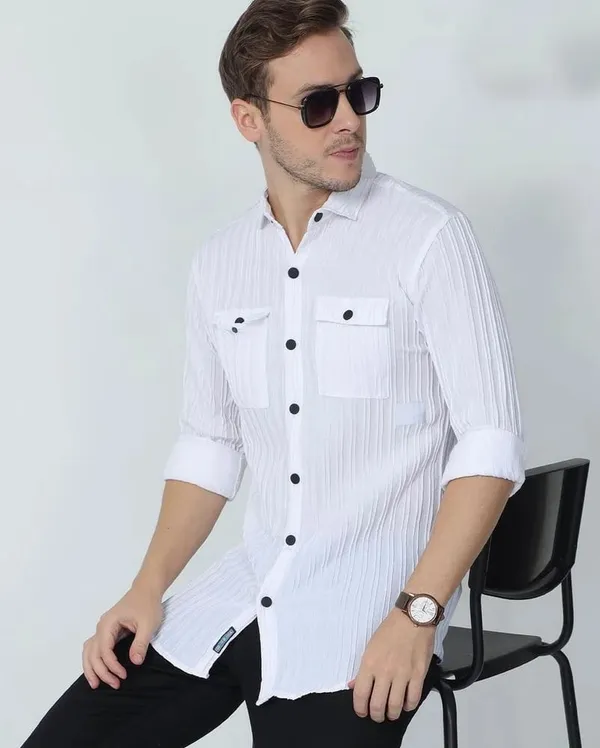 White_Cotton_Blend_Solid_Full_Sleeve_Shirt_For_Men
