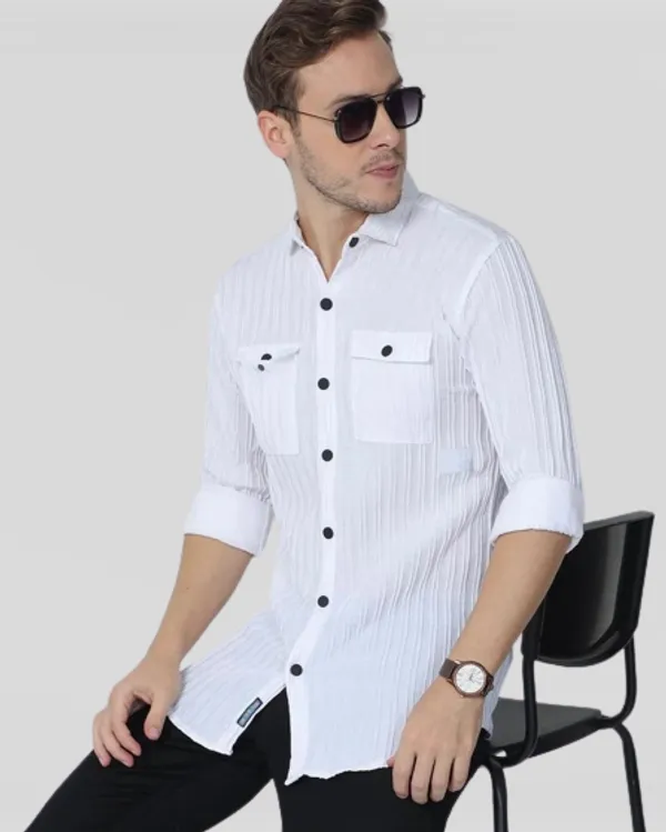 White_Cotton_Blend_Solid_Full_Sleeve_Shirt_For_Men