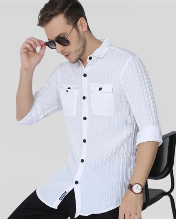 White_Cotton_Blend_Solid_Full_Sleeve_Shirt_For_Men